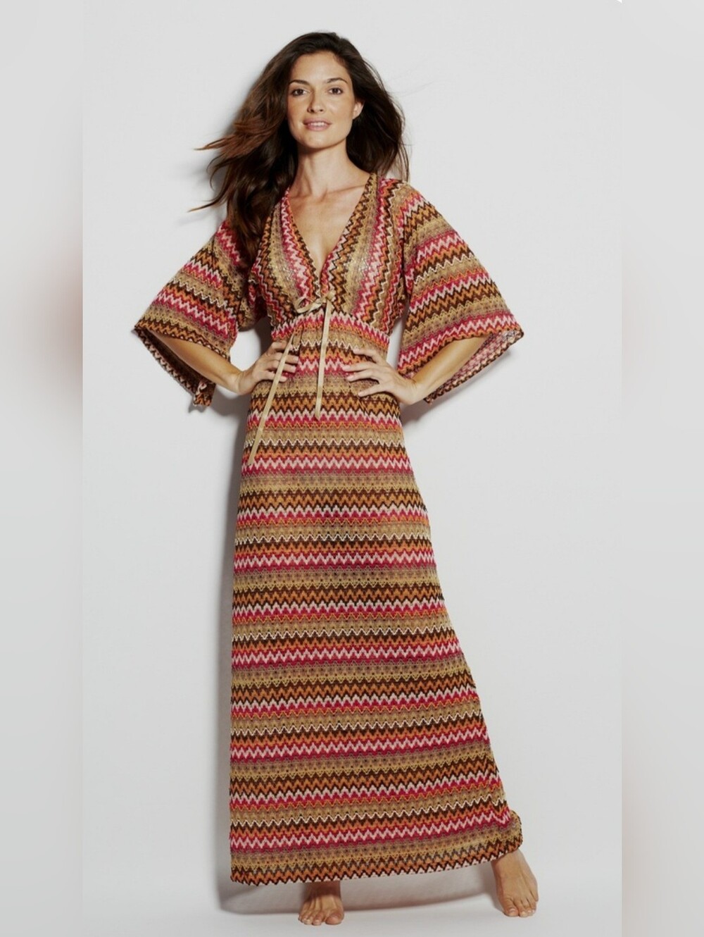 Boho Chevron Tie-Front Maxi Swim Cover-Up in Pink and Tan